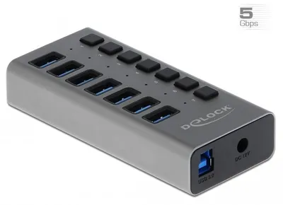 Produktbild von DeLOCK Externer USB 5 Gbps Hub mit 7 Ports + Schalter, USB 3.2 Gen 1 (3.1 Gen 1) Type-B, USB 3.2 Gen 1 (3.1 Gen 1) Type-A, 5000 Mbit/s, Grau, Aluminium, 1 m