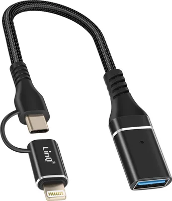 Immagine prodotto di LinQ, adattatore OTG da USB a Lightning e USB-C per il trasferimento veloce dei dati, nero