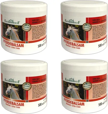 Immagine prodotto di Set da 4 prodotti Balsamo per cavalli da 500 ml: gel da massaggio riscaldante, gel da massaggio extra forte, prodotto di supporto per dolori articolari, tensioni muscolari e indolenzimenti muscolari