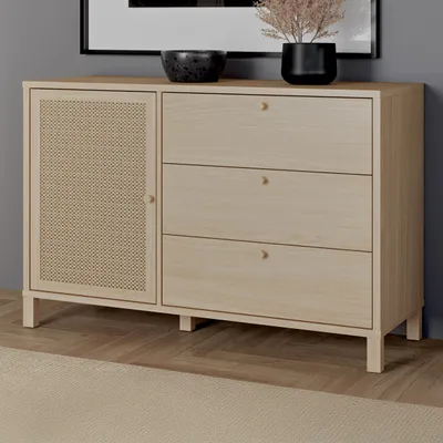 Produktbild von Forte SKELBIT Kommode 120, Kommode im Boho-Stil, 1-türig, 3 Schubladen, Holzwerkstoff, Wohn-/Schlafzimmer, Elegancia Eiche Holzdekor|Technorattan, 116,3 cm breit x 82,5 cm hoch x 42 cm tief