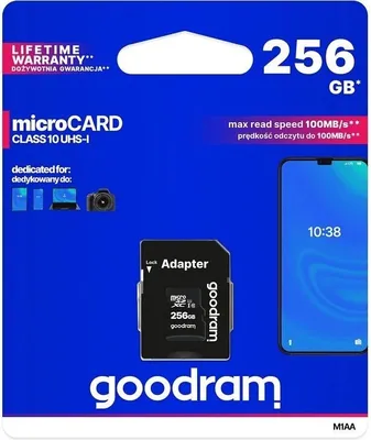 Produktbild von Goodram M1AA, 256 GB, MicroSDXC, Klasse 10, UHS-I, 100 MB/s, 10 MB/s