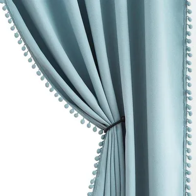 Image de Rideau thermique Unyqoos® bleu, avec pompons et œillets, lot de 2, 140x225 cm, en microfibre de polyester, occultant et isolant thermique, idéal pour les chambres et les salons