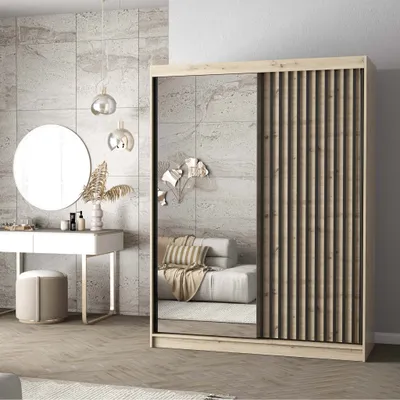 Produktbild von Schwebetürenschrank Kleiderschrank Schrank 150 cm Artisan/Artisan Schiebetürenschrank mit Spiegel, LED und Lamellen LAMI A