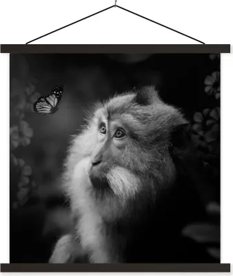 Produktbild von MuchoWow® Textilposter Schmetterling - Tiere - Affe - Schwarz - Weiß 120x120 cm mit schwarzem Rahmen - Aufhängungsset