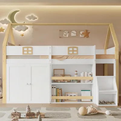Produktbild von Kinderbett,Etagenbett, Holzbett,Aufbewahrungsleiter, Reichlich Stauraum mit Regale und Kleiderschrank, Exquisites Fenster90x200cm