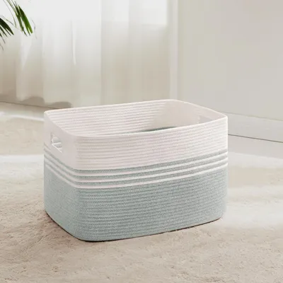 Produktbild von Wäschekorb Geflochten 45L Aufbewahrungskorb Baumwollseil Weiß Efeugrün 45x35x27 cm
