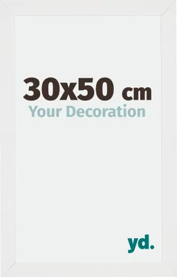 A white picture frame with text indicating size and branding.