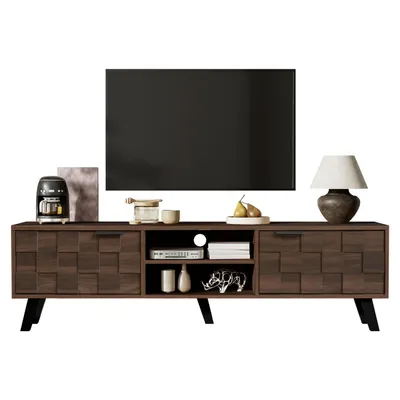 Produktbild von Moderner TV-Schrank mit 2 Türen und 2 offenen Fächern in dunkelholzener Maserung – 160,5 x 35,5 x 45 cm