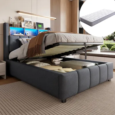 Productafbeelding van Boxspringbed 90x200 cm, met LED-verlichting, met USB-aansluiting, met opbergruimte, met opbergvakken, beige