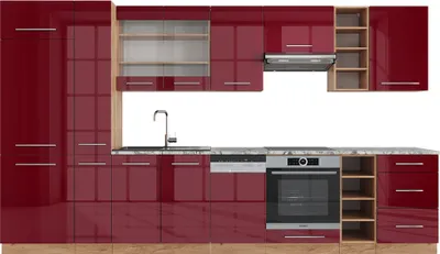 Produktbild von Küchenzeile Vicco Fame-Line Bordeaux Hochglanz/Goldkraft Eiche 355 cm ohne Arbeitsplatte, Model 38687