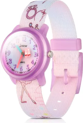 A close-up, studio shot of a children's wristwatch with a purple casing and a fabric strap featuring a ballet theme.