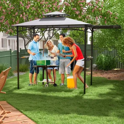 Produktbild von Grillpavillon mit Seitenmarkise, Doppeldach, Metallregalen