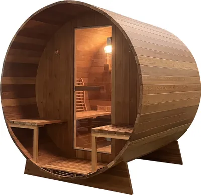 Produktbild von Outdoor Fasssauna BERGEN - 180 x 180 x 188 cm - Mit Saunaofen, Sicherheitsglas, Saunazubehör