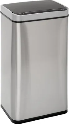 A stainless steel automatic trash can with a black lid.