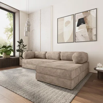 Produktbild von Masseno Ecksofa ETERA mit Schlaffunktion, Modulares Schlafsofa aus Schaumstoff, Klappbares Bodensofa - Beige, POSO 02