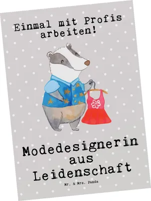 Produktbild von Mr. & Mrs. Panda Postkarte Modedesignerin Leidenschaft - Grau Pastell - Geschenk, Fashion Designerin, Grußkarte, Lustig, bildkarte, Postkarten, Spruch, Ansichtskarte