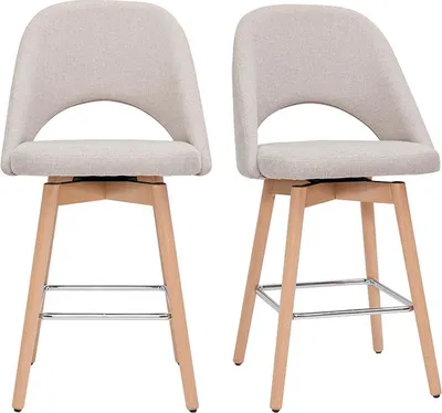 Produktbild von Miliboo - Skandinavische Barhocker aus beigem Stoff mit Samteffekt und massivem Hevea H65 cm (2er-Set) COSETTE