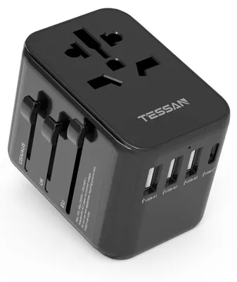 Obrázek produktu pro Adaptér zásuvky TESSAN, univerzální cestovní adaptér s 3 USB porty, 1 USB-C portem a 1 zásuvkou AC, mezinárodní adaptér zásuvek, univerzální adaptér pro Německo, USA, Anglii, Itálii, Austrálii, černý
