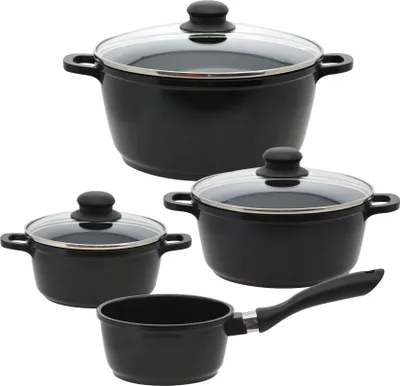 Produktbild von ELO Black Cast Topfset 7-teilig  Aluminiumguss, für alle Herdarten geeignet, inklusive Glasdeckel, Ø 16 - 24 cm