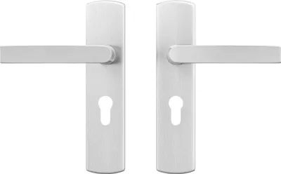 Produktbild von AXA Türbeschlagset für Innentüren - Gebogener Klickblock - Türgriff aus Aluminium - mit Zylinderbohrung - PC55 - Türgriff mit Schutzblech