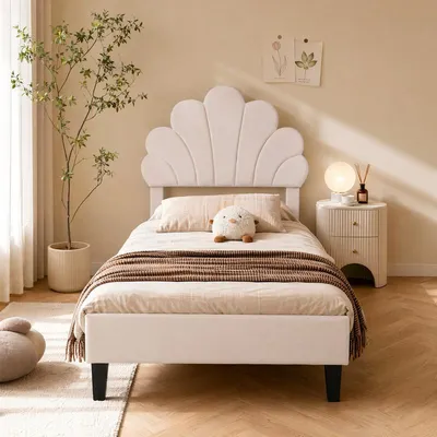 Immagine prodotto di Letto imbottito ProximaX, 90x200 cm, beige, in velluto, con testiera decorata con motivi floreali e rete a doghe