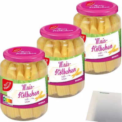 Produktbild von Gut & Günstig Maiskölbchen süß-sauer eingelegt 3er Pack (3x330g Glas) + usy Block