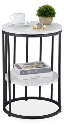 Image de Table d'appoint Relaxdays aspect marbre, 2 étagères, pour le salon, métal et MDF, table basse ronde, H x P 57 x 40 cm, blanc/noir, Image générée par une IA