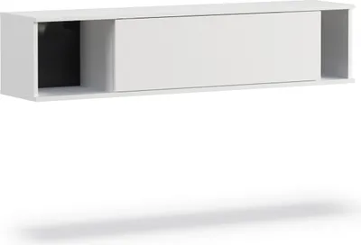 A white horizontal wall-mounted cabinet with a black interior compartment and a white sliding door.
