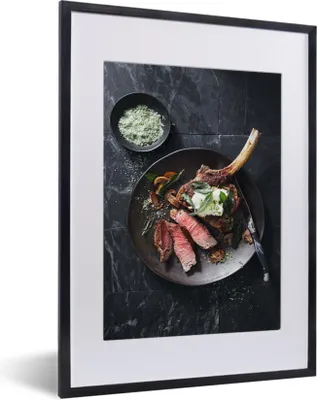 Produktbild von MuchoWow® MuchoWow® Gerahmtes Poster Steak mit Champignons und Käse 30x40 cm - Poster mit zchwarzem Bilderrahmen - Wandposter Schlafzimmer