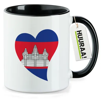 Produktbild von Huuraa Kaffeetasse Kambodscha Flagge Herz 330ml Schwarz Keramik Kaffeebecher Geschenkidee