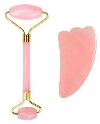 Produktbild von UNIQ Rosenquarz Jade Roller und Gua Sha Stein Set für die Gesichtspflege
