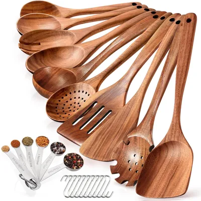 Holz-Kochlöffel-Set, 10-teilig, mit 6 Messlöffeln und Haken