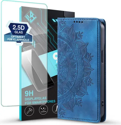 Produktbild von Mandala Handyhülle für Samsung Galaxy S24 Ultra RFID Schutz Klapphülle Case Cover Design Schutzhülle mit 9H Displayglas Farbe: Blau