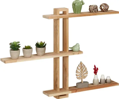 A modern, multi-tiered wooden shelf unit with various decorative items.