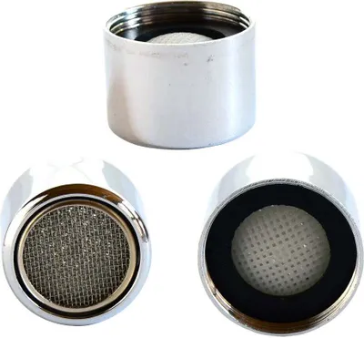 Three views of a chrome faucet aerator with a mesh filter.