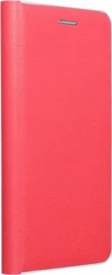 A closed red flip case for a smartphone, shown from a slightly angled side view.