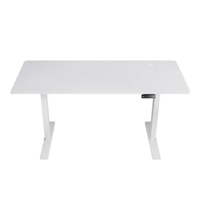 A white electric height-adjustable desk is shown from the front against a white background.