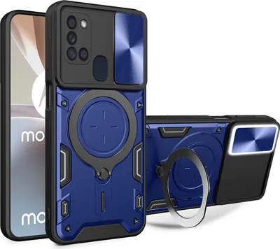 Produktbild von Handyhülle für Samsung Galaxy A21s  Dual-Layer Stoßfest Rüstung Hülle mit Dia Kameraschutz und Kreisförmig Ring Ständer Blau