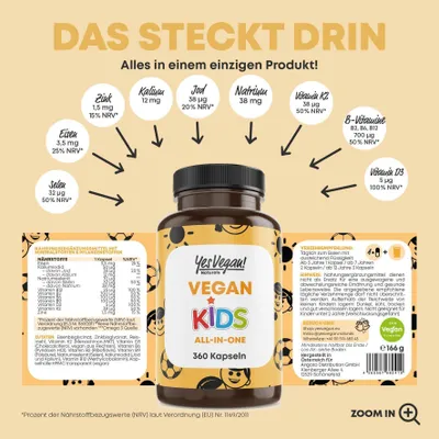 Produktbild von Kindervitamine (360 Multivitamin Kapseln = Jahresvorrat) für Kinder ab 5 Jahre I Kinder Vitamine
