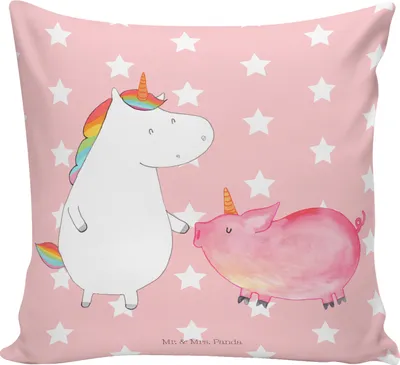 Produktbild von Mr. & Mrs. Panda Deko Kissen Einhorn Schwein - Rot Pastell - Geschenk, kuschelkissen 40x40, Einhörner, bedruckt, Unicorn, Freundin, Freundschaft, Couchkissen, Dekokissen
