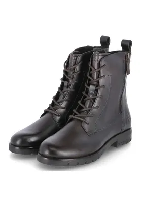 A pair of brown leather lace-up boots on a white background.