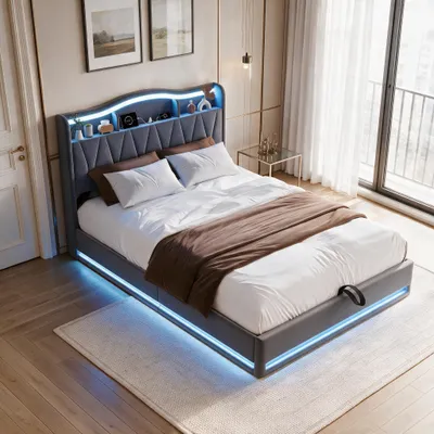 Zdjęcie produktu dla Łóżko tapicerowane INONEFT, 140x200 cm, z podświetleniem LED i funkcją ładowania USB, łóżko młodzieżowe z hydraulicznym pojemnikiem i pojemnikiem w zagłówku, kolor szary