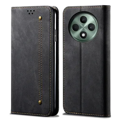 A black flip-style phone case is shown from the front and back.