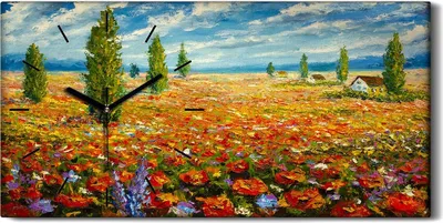 Produktbild von Wanduhr Uhr Wandbild Leinwand Geräuschlos 60x30 Ölgemälde Blumen Feld Bunt - schwarze Hände