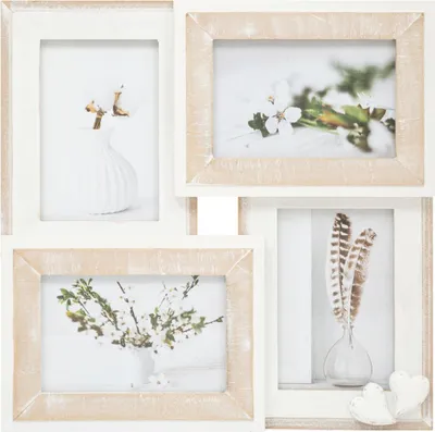 A multi-photo frame with four pictures of decorative items.