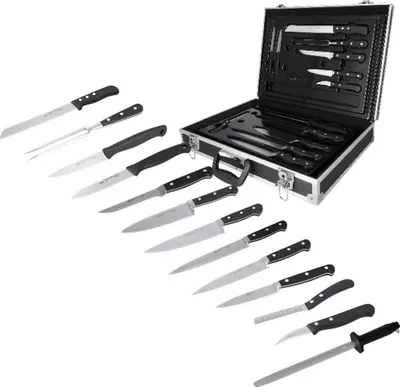 Produktbild von STUBAI 13 teiliges Messerset mit Alu-Messerkoffer komplett mit Einsatz, 2 Gemüsemesser, 3 Kochmesser, Filetiermesser, Spickmesser, Buntschneidemesser, Tourniermesser, Brotsäge, Küchengabel, Fleischerstreicher