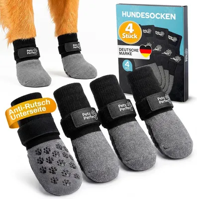 Productafbeelding van Hondensokken - set van 4 - antislip - met lange klittenbandsluiting - ademend en wasbaar - grijs en zwart - maat L
