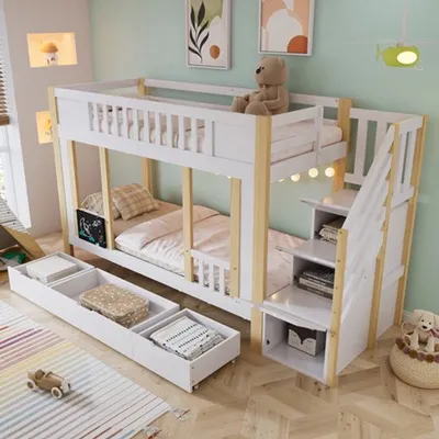 Obrázek produktu pro Dětská palanda 90x200 cm - Bílá a přírodní barva - S vestavěným schodištěm a úložnými zásuvkami - Dřevná postel