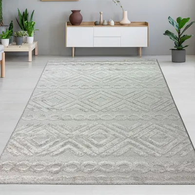 Image de Tapis de salon à poils longs, style boho, avec motifs en losange et cercles, beige Taille - 240 x 340 cm