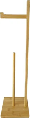 A wooden toilet paper stand with two spindles.